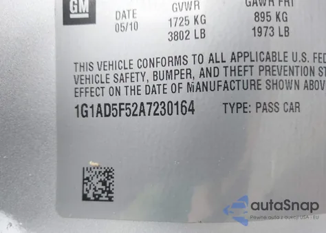 2010 Chevrolet Cobalt Lt z USA, uszkodzony, nr VIN 1G1AD5F52A7230164